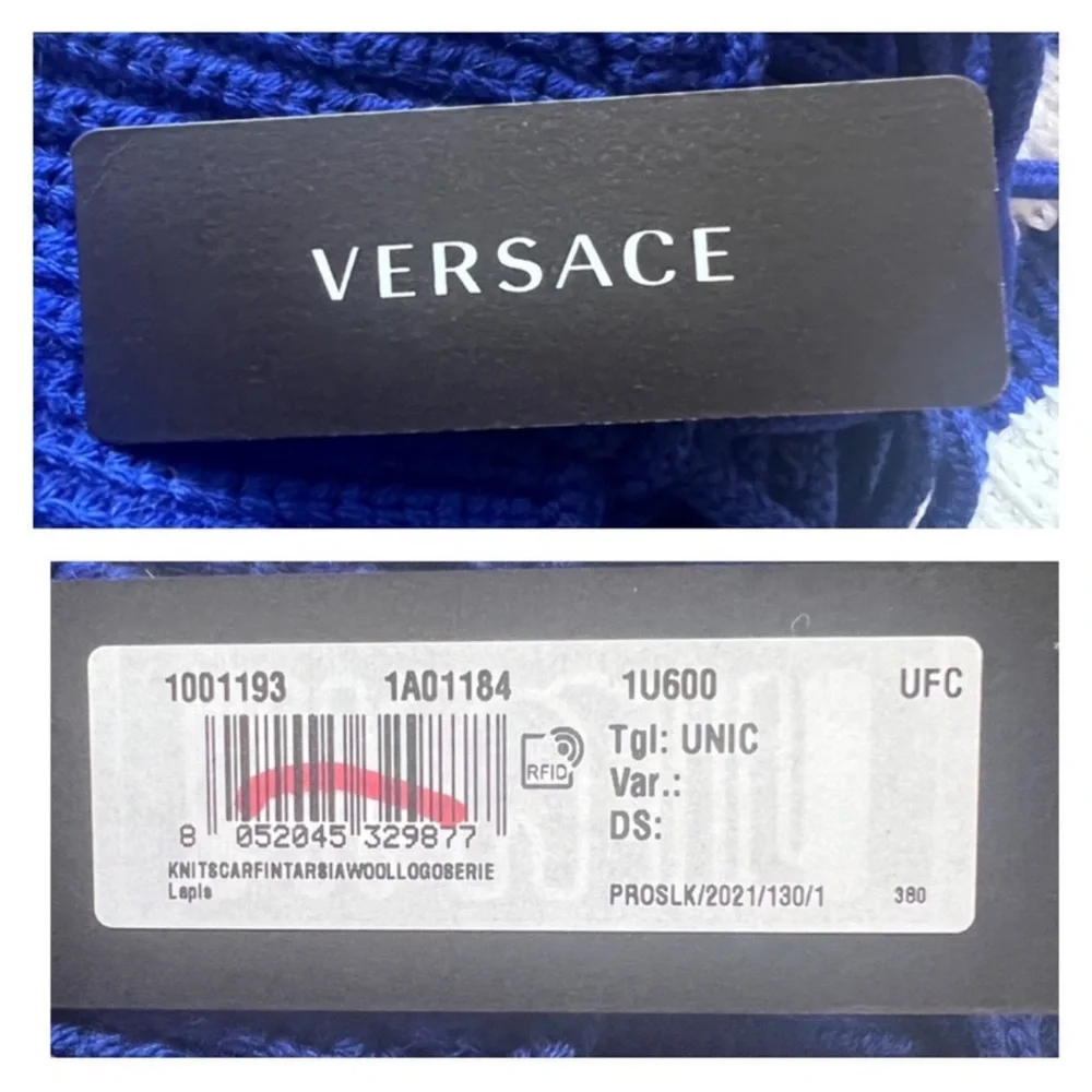 New! VERSACE Logo Intarsia Knit Fringe Oversized Unisex Wool Scarf in Royal Blue - Picture 14 of 15
